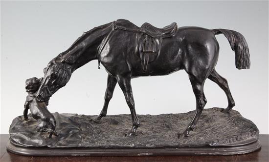 After Pierre Jules Mene. Equestrian group of a horse and dog Jument a lEcurie Juoant avec un chien length 18.5in(-)
